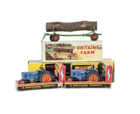 Britains boxed 172F Fordson Power Major (2), with additional attachment device, and 129F Timber Trailer (Tractor drawn), 172F