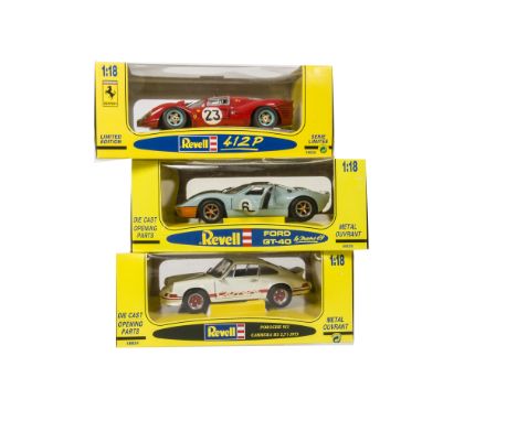 Three Revell Jouef 1:18 Scale Sports Cars, 48834 Porsche 911 in off white, 48826 Ferrari 412P Ltd Ed in red and 48824 Ford GT