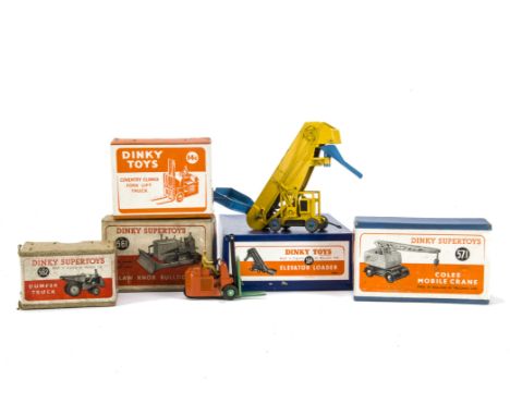 Dinky Toy Construction Vehicles, 562 Dumper Truck, 561 Blaw Knox Bulldozer, 571 Coles Mobile Crane, 14c Coventry Climax Fork 