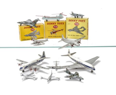 Dinky Toy Aircraft, including 737 P.1B Lightning, 716 Westalnd-Sikorksy S.51 Helicopter, 738 Sea Vixen, in original boxes, wi