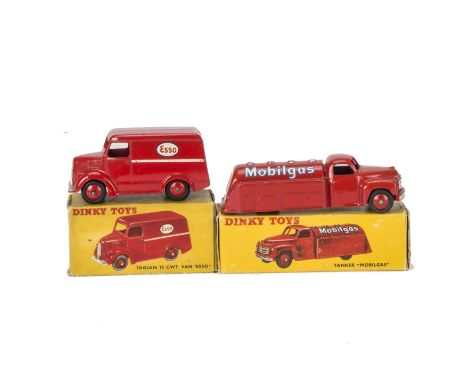 Dinky Toys 450 Trojan 'Esso' Van, red body and hubs, 440 Petrol Tanker 'Mobilgas', red body and hubs, in original boxes, VG, 
