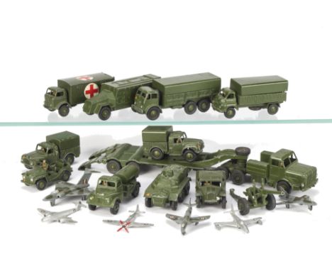 Military Dinky Toys, including 660 Tank Transporter, 10-Ton Army Truck, 626 Military Ambulance, 621 3-Ton Army Wagon, 641 Car