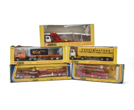 Corgi Major Toys, 1100 Trans-Continental Mack Truck, 1147 Ferrymasters Scammell Handyman, 1127 Simon Snorkel Fire Engine, 114