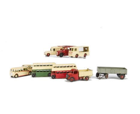 Dinky Toy Small Commercial Vehicles, 29c Double Decker Bus (2), both 1st type, one red/cream, one green/cream, 29f Observatio