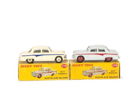 Dinky Toys 176 Austin A105 Saloon, two examples, first cream body, blue flash, cream hubs, second grey body, red flash and hu