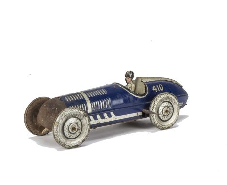 A Marx Toys or Similar Tinplate Clockwork Racing Car, dark blue body, 'Super Reinforced' tyres, silver details and trim, RN 4