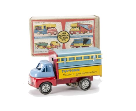 Wells-Brimtoy No.706 Toytown Painters & Decorators Lorry, blue/red, yellow panel, plastic upper cab, tinplate body, clockwork
