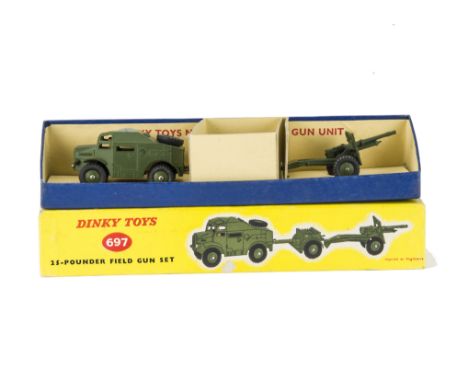 A Dinky Toys 697 25-Pounder Field Gun Set, comprising 688 Field Artillery Tractor, 687 Trailer, 686 25-Pounder Field Gun, rid