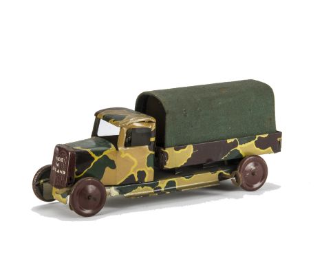 A Wells Brimtoy Covered Army Lorry, circa 1940, detailed tinprinted camouflage body with cloth tilt, fixed key clockwork mech