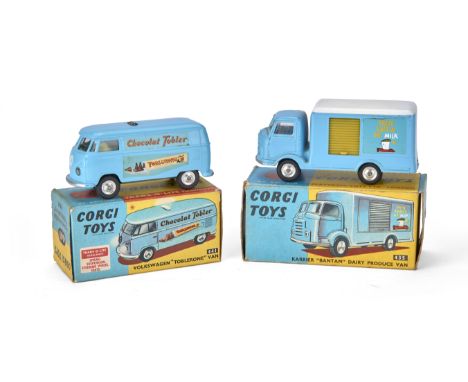 Corgi Toys 441 Volkswagen "Toblerone" Van, 435 Karrier Bantam Dairy Produce Van "Drive Safely On Milk", both light blue body,