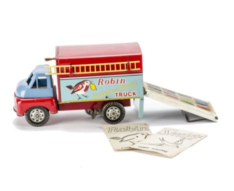 Wells-Brimtoy No.708 The "Robin" Paint & Poster Truck, blue/red, plastic upper cab, tinplate body, clockwork motor, complete 