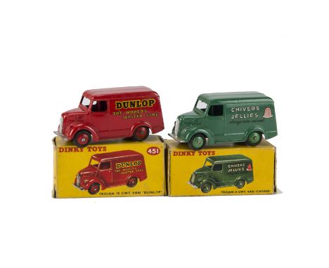 A Dinky Toys 452 Trojan Van 'Chivers', dark green body, mid-green hubs, 'Chivers Jellies' logo, in original box, E, box F, 45