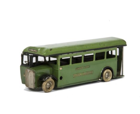 A Pre-war Tri-ang Minic 53M Single Deck Green Line  Bus, in two-tone green with green seats and clockwork drive, G, a few mar