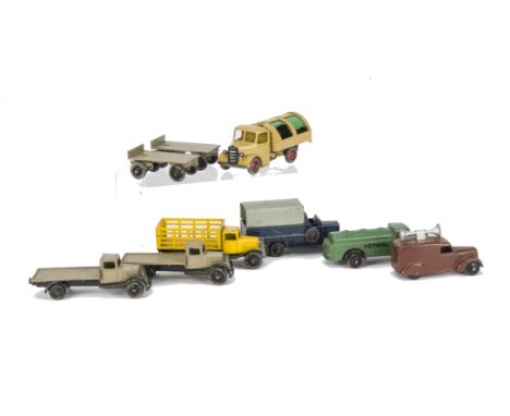 Dinky Toy Small Commercial Vehicles, 25d Petrol Tank Wagon, green body, type 4 black chassis, 25s Six-wheeled Wagon, 25f Mark
