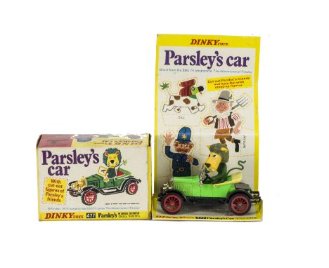 A Dinky Toys 477 Parsley's Car (Morris Oxford), fluorescent green body, red wheels, in original box with inner stand, E, a fe