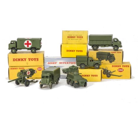 Dinky Toys 651 Centurion Tank, 670 Armoured Car, 692 5.5 Medium Gun, 626 Military Ambulance, 621 3-Ton Army Wagon, 641 Cargo 