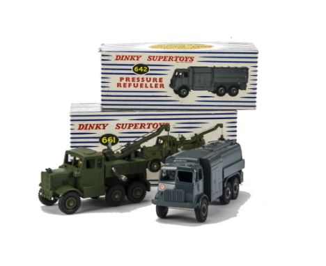 A Dinky Supertoys 642 Pressure Refueller, RAF blue body, driver, 661 Recovery Tractor, cast hubs, in original boxes with inne