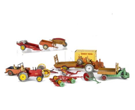 Dinky Toy Farm Vehicles & Implements, 301 Field Marshall Tractor, in original box, loose Massey Harris Tractor, Motocart, Mas