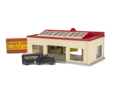 A Dinky Toys 785 Service Station, with boxed 754 Pavement Set and loose Timpo Pickford's Lorry, F-G, 785 lacks shutters, 754 