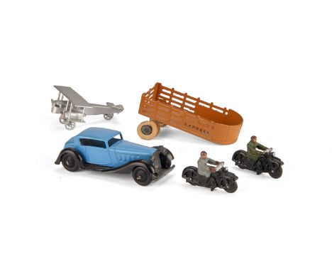 A Dinky Toys 36c Humber Vogue, mid blue body, black chassis and ridged hubs, 37a Civilian Motorcyclist (2), both black motorc