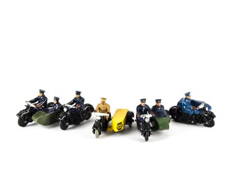 Dinky Toy Motorcycles, 270 AA Motorcycle Patrol, SGPW, 43b RAC Motorcycle Patrol, SBRW, 42b Police Motorcycle Patrol (2), 37b