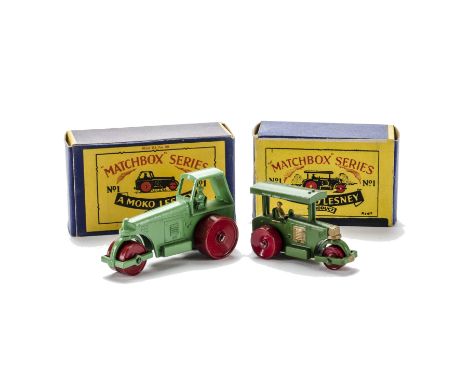 Matchbox Lesney 1-75 Series 1a Diesel Road Roller, dark green, gold trim, red wheels, 1c Diesel Road Roller, light green, red