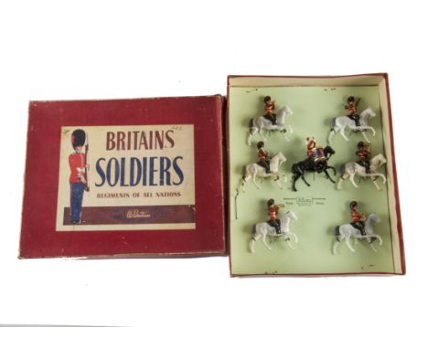 Britains set 1720 Band of the Royal Scots Greys (2nd Dragoons), restrung in ROAN box, VG in F box, 2 horses are a different s