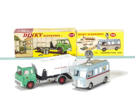 Dinky Supertoys 978 Refuse Wagon, bright green cab, white plastic back, red hubs, one bin, 988 ABC TV Transmitter Van, in ori