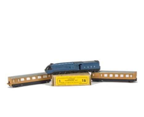 A Dinky Toys 16 Express Passenger Train Set, comprising blue/black 'LNER' loco, brown/grey coaches, in original buff box with