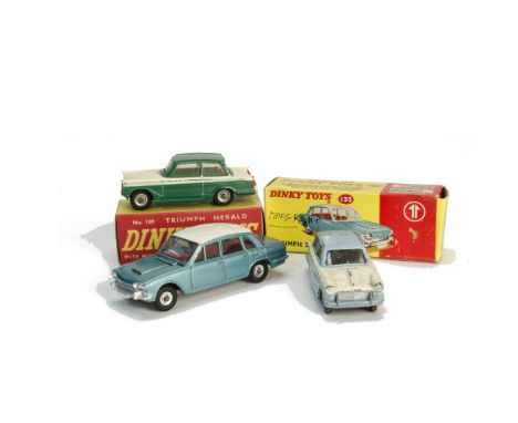 Triumph by Dinky Toys, 135 Triumph 2000, metallic green body, white roof, red interior, E, 189 Triumph Herald, green/white bo