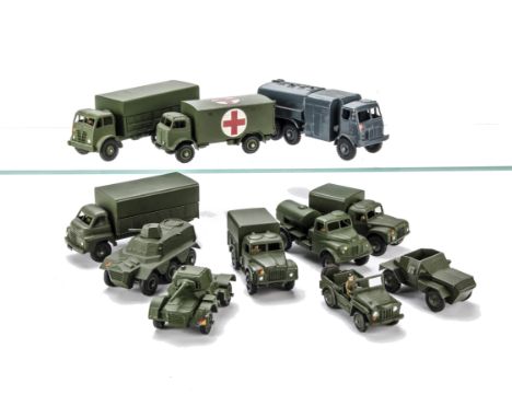 Military Dinky Toys, including 622 Army Truck, 643 Water Tanker, 642 Pressure Refueller, 626 Military Ambulance, 641 Cargo Tr