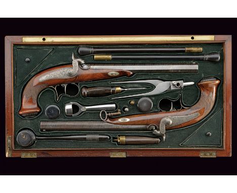 A cased pair of target pistols by Vannod & Rochat, dating: mid-19th Century, provenance: Swiss, dating: mid-19th Century, pro