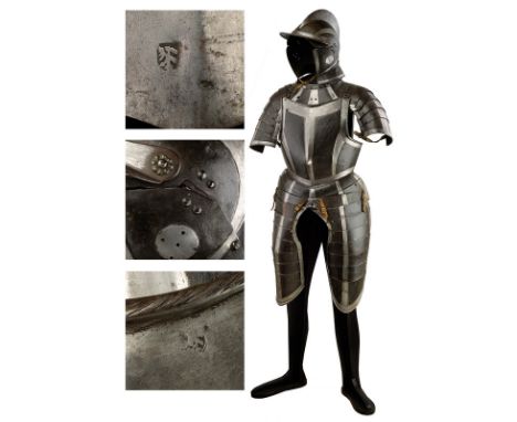 A black and white armor with burgonet, dating: last quarter of the 16th Century, provenance: Southern Germany, dating: last q