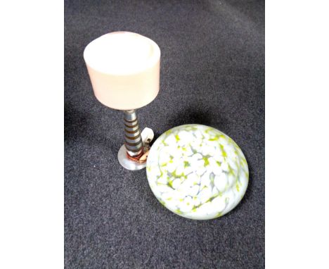 An Art Deco table lamp with pink glass shade together with a further Art Deco glass shade.  