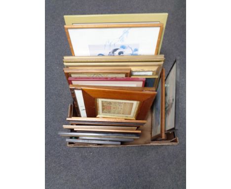 A box containing a quantity of assorted pictures and prints to include framed needlework's, Japanese prints, geishas, a signe
