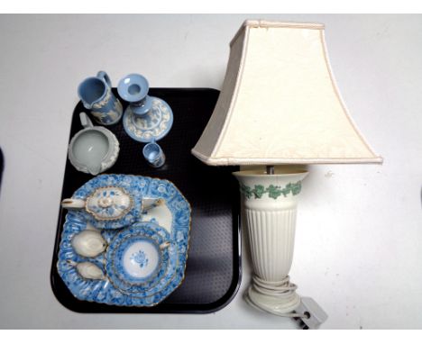 A tray of five pieces of Wedgwood embossed china - table lamp, jugs etc and an antique Spode seven piece tea for one 