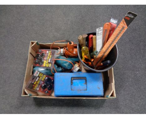 A box containing assorted power tools, tool box, hand tools etc.  