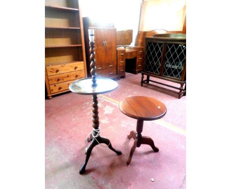 A 20th century oak barley twist wine table/standard lamp together with a further wine table 