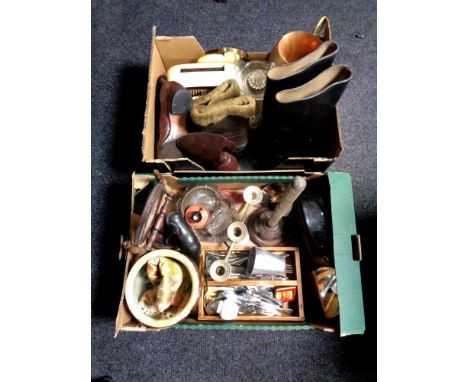 Two boxes containing miscellaneous to include cutlery tray and cutlery, shaving mirror, poss stick, leather boots, vintage Ba