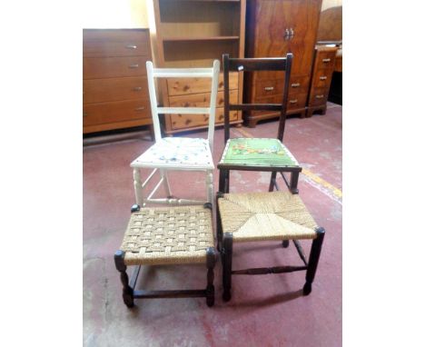 Two tapestry seated bedroom chairs together with two further rush seated stools 