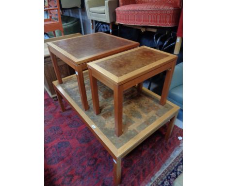 A mid 20th century Danish teak coffee table, lamp table and side table with mosaic patterned top.  