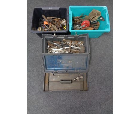 Two plastic crates containing a large quantity of assorted hand tools together with a tool box containing tools. 