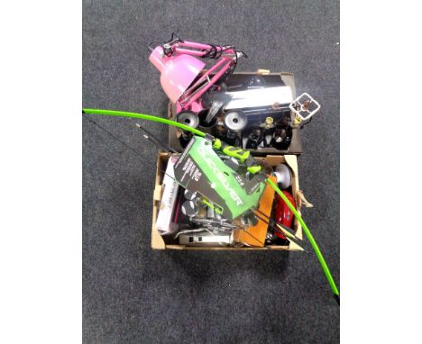 Two boxes of angle poised lamp, table lamps, archery bow, spice rack, radio etc 