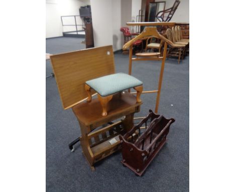 A valet stand together with a bed table, oak magazine table, fitted a drawer, together with further magazine rack, upholstere