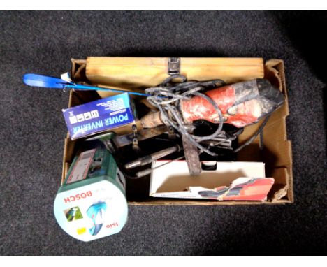 A box containing Hilti TE6-S electric drill, boxed Performance sander, cased drill bits, hand saw etc 