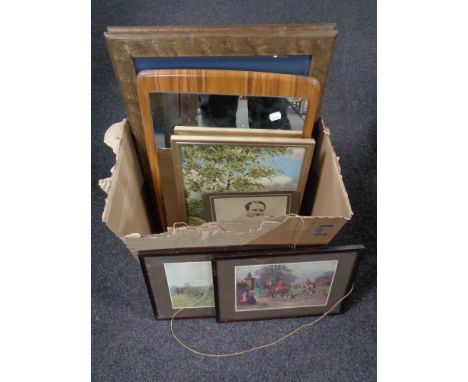 A quantity of 20th century pictures and prints, a mirror mounted on a teak board, framed tapestry etc.   