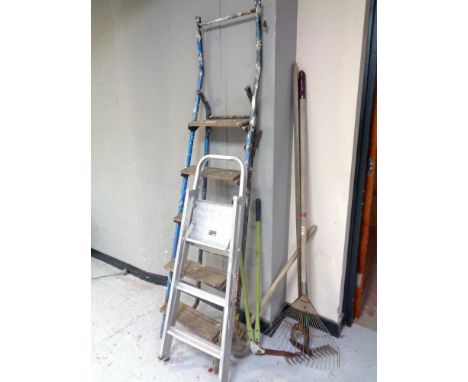 A set of aluminium folding steps together with a further pair of wooden and metal folding steps and a small quantity of garde