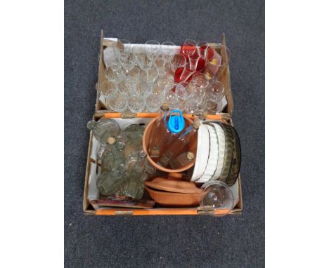 Two boxes containing a large quantity of assorted drinking glasses, oil bottles, glass and ceramic flan dishes, terracotta cr