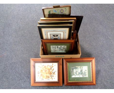 A box of assorted pictures - tapestry, watercolour, F. Arkeld painting of fruit etc 