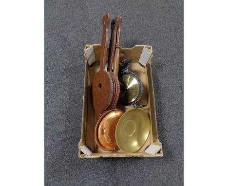 A box of a Salter family scale no. 45 together with a set of carved oak and leather bellows and a copper wooden handled bed w